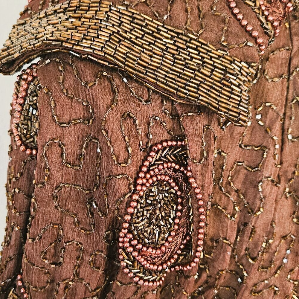Vintage Women's Beaded Brown Jacket 100% Pure Silk Elegant Size 1X - Picture 7 of 8
